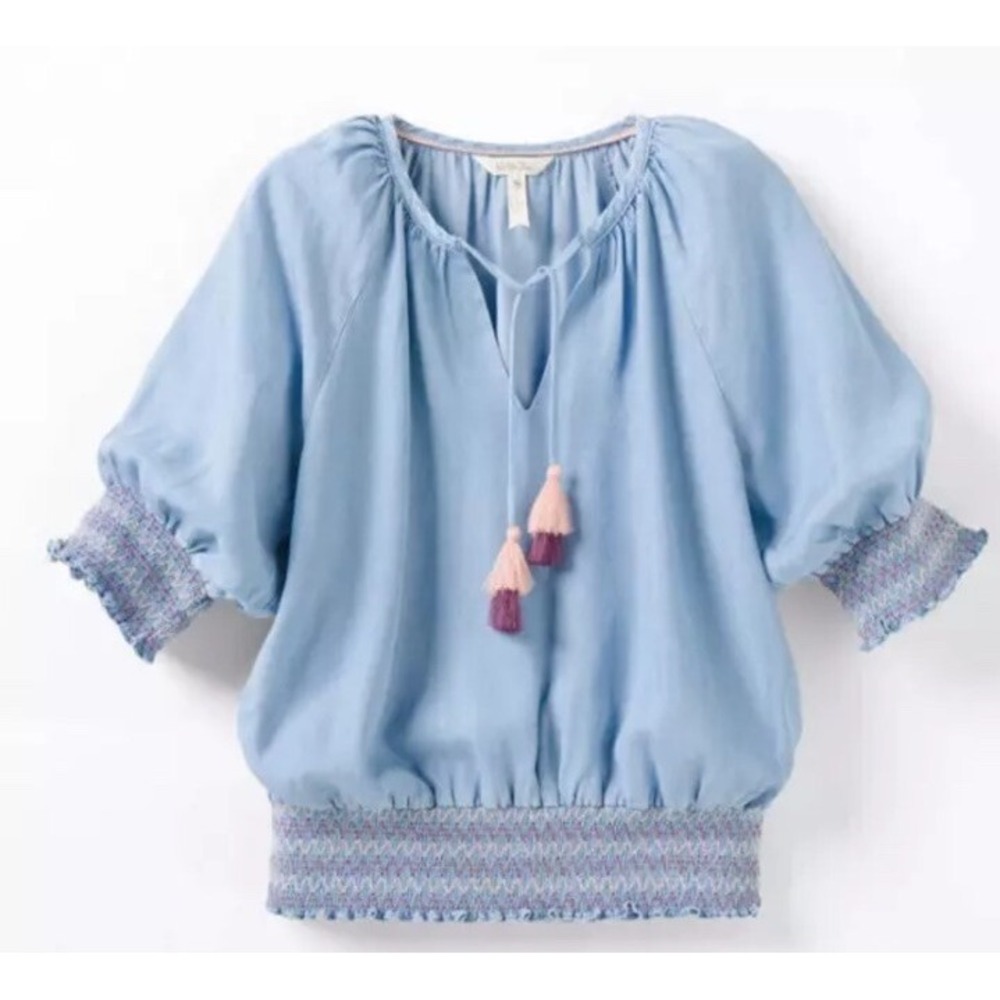 Matilda Jane Women's Maysville Chambray Smocked Denim Blouse Tassels Large New